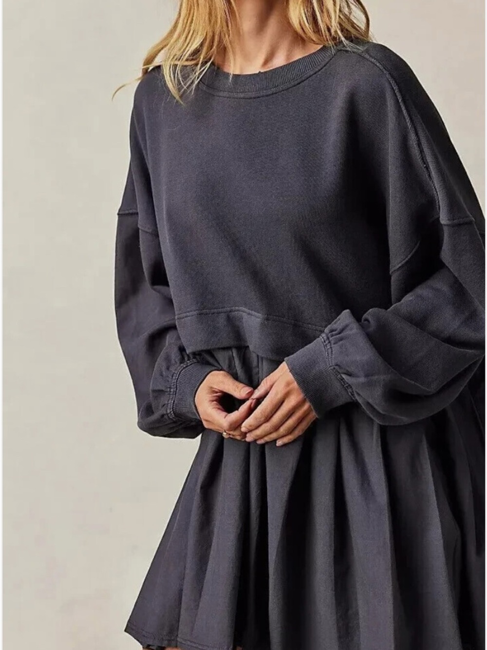 Free People Eleanor Sweatshirt Mini Dress Pleated Babydoll Oversized NWT S - Picture 7 of 15
